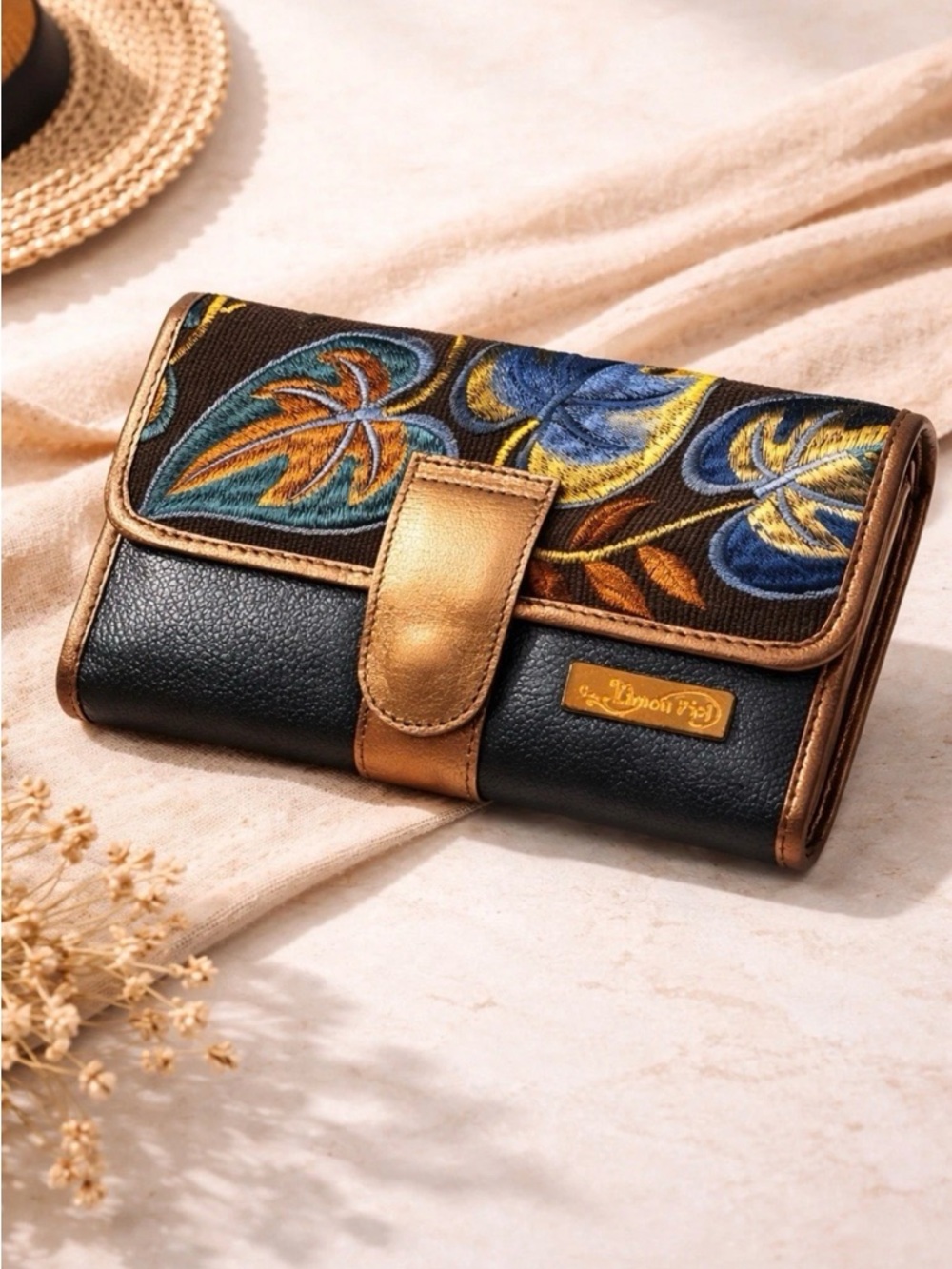 Embroidered Floral Trifold Wallet - Black & Gold